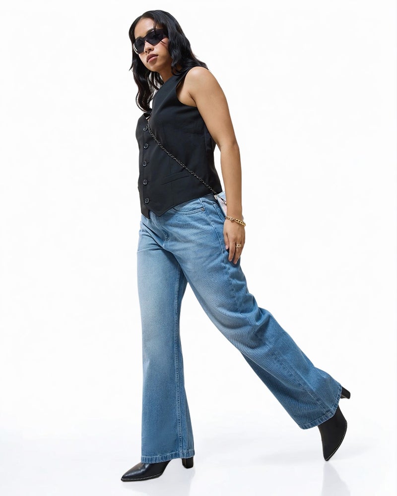 bewakoof Women's Blue Washed Baggy Wide Leg Jeans - Image 4
